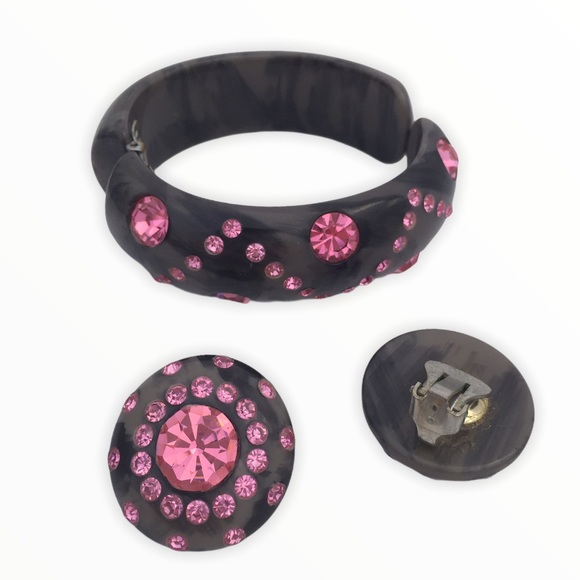 Vintage Marbled Rhinestone Clamper Bracelet Earrin - Picture 3 of 6